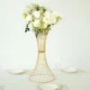 Gold Metal Wire Trumpet Shaped Flower Centerpiece Stand, Hourglass Open Frame Reversible Pedestal Prop
