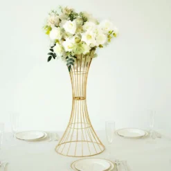 Gold Metal Wire Trumpet Shaped Flower Centerpiece Stand, Hourglass Open Frame Reversible Pedestal Prop