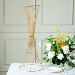 Gold Metal Wire Trumpet Shaped Flower Centerpiece Stand, Hourglass Open Frame Reversible Pedestal Prop -Home Decor Promotional Store IRON STND07 36 GOLD D05