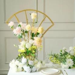 Gold Metal Scalloped Fan Shape Flower Frame Table Centerpiece, Floral Display Stand 32" Tall -Home Decor Promotional Store IRON STND09 32 GOLD D01