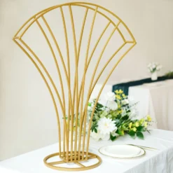 Gold Metal Scalloped Fan Shape Flower Frame Table Centerpiece, Floral Display Stand 32" Tall