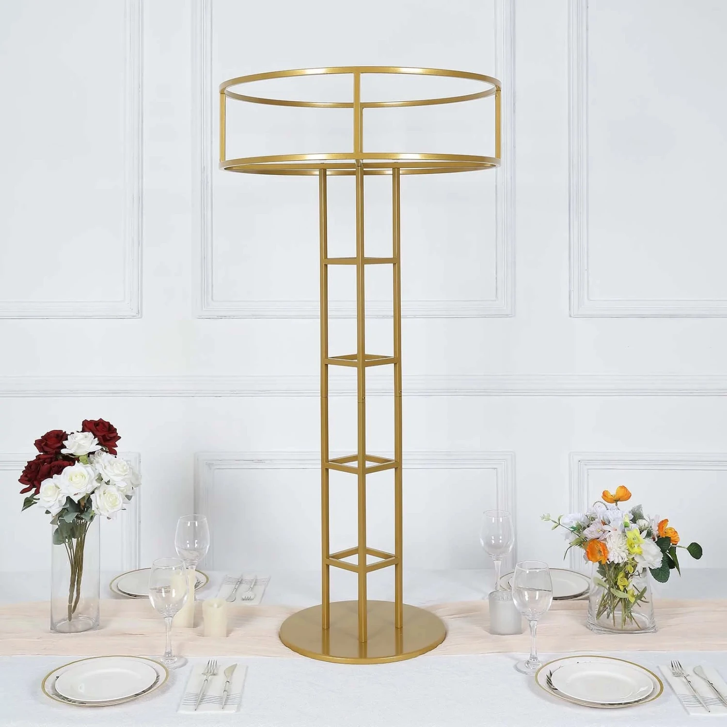 Gold Metal Large Open Frame Floral Riser Centerpiece, Grand Halo Top Flower Display Stand Pedestal 46" Tall 2 Gold Metal Large Open Frame Floral Riser Centerpiece, Grand Halo Top Flower Display Stand Pedestal 46" Tall - Image 2