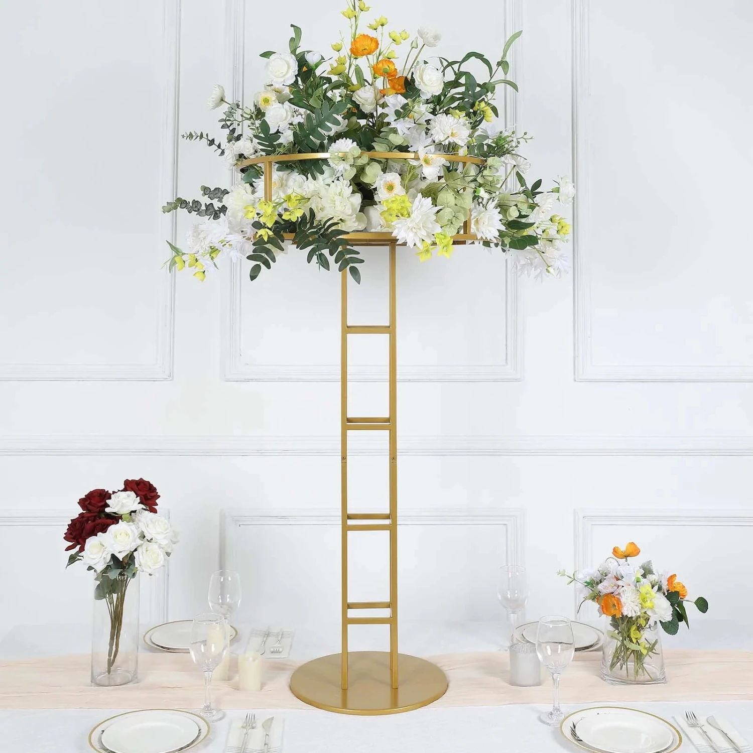 Gold Metal Large Open Frame Floral Riser Centerpiece, Grand Halo Top Flower Display Stand Pedestal 46" Tall 5 Gold Metal Large Open Frame Floral Riser Centerpiece, Grand Halo Top Flower Display Stand Pedestal 46" Tall - Image 5