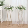 2 Pack | 32" Gold Geometric Crisscross Metal Frame Centerpieces, Open Column Pedestal Flower Stands