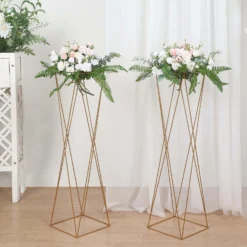 2 Pack | 32" Gold Geometric Crisscross Metal Frame Centerpieces, Open Column Pedestal Flower Stands