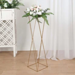 2 Pack | 32" Gold Geometric Crisscross Metal Frame Centerpieces, Open Column Pedestal Flower Stands -Home Decor Promotional Store IRON STND15 32 GOLD D02