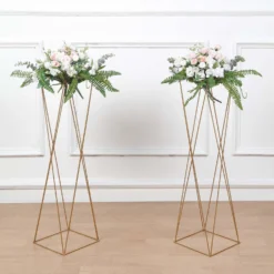2 Pack | 32" Gold Geometric Crisscross Metal Frame Centerpieces, Open Column Pedestal Flower Stands -Home Decor Promotional Store IRON STND15 32 GOLD D04