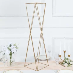 2 Pack | 32" Gold Geometric Crisscross Metal Frame Centerpieces, Open Column Pedestal Flower Stands -Home Decor Promotional Store IRON STND15 32 GOLD D05