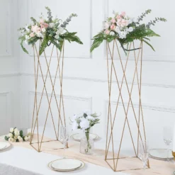 2 Pack | 32" Gold Geometric Crisscross Metal Frame Centerpieces, Open Column Pedestal Flower Stands -Home Decor Promotional Store IRON STND15 32 GOLD 02