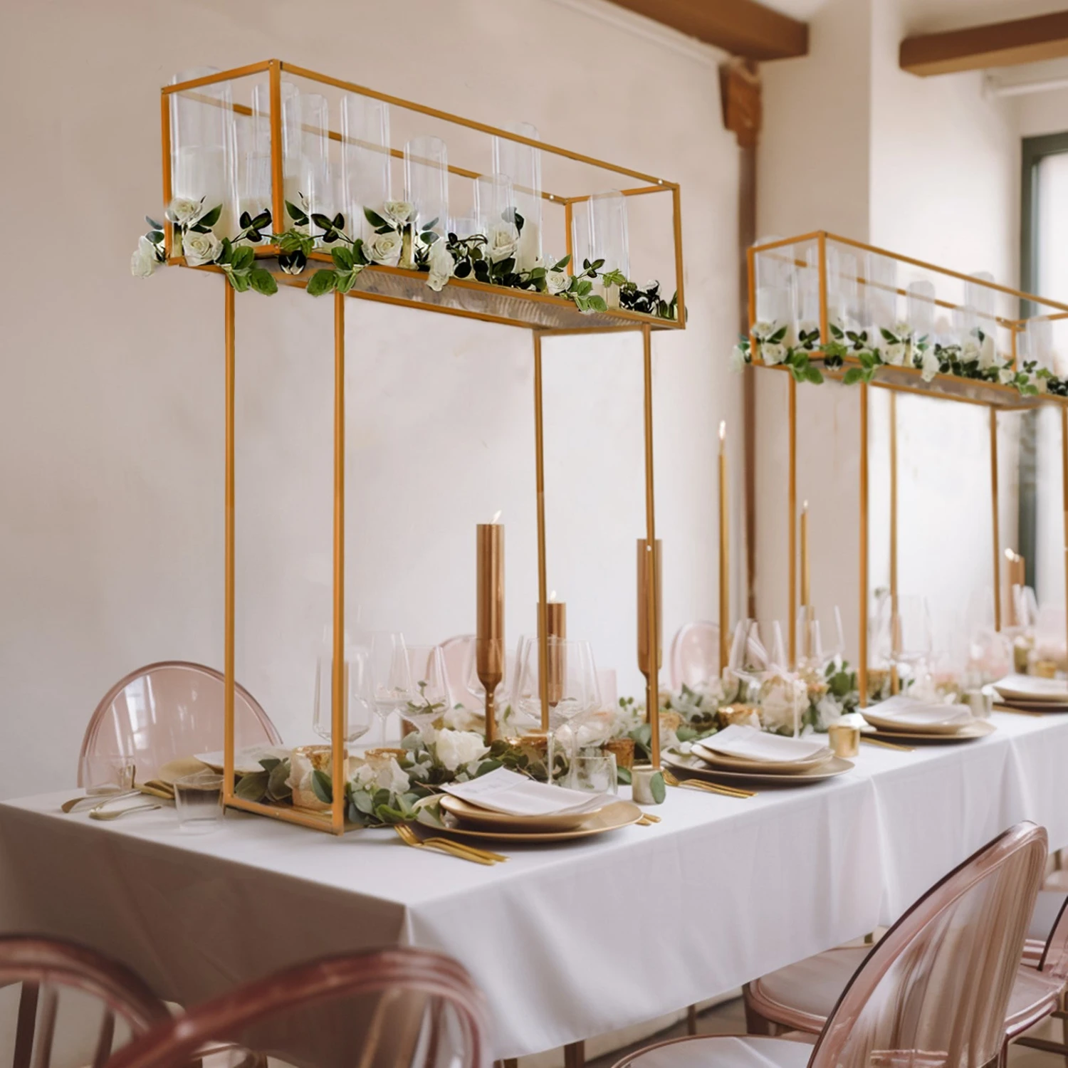 48" Gold Heavy Duty Metal Rectangular Centerpiece Stand, Tall Floral Arrangement Tabletop Display Rack 5 48" Gold Heavy Duty Metal Rectangular Centerpiece Stand, Tall Floral Arrangement Tabletop Display Rack - Image 5