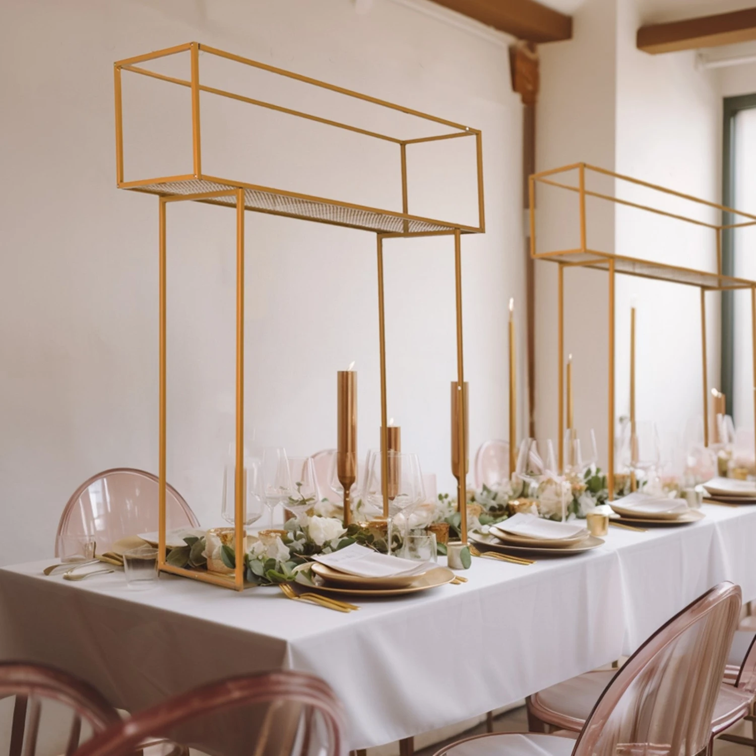 48" Gold Heavy Duty Metal Rectangular Centerpiece Stand, Tall Floral Arrangement Tabletop Display Rack 11 48" Gold Heavy Duty Metal Rectangular Centerpiece Stand, Tall Floral Arrangement Tabletop Display Rack - Image 11