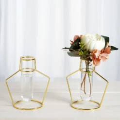 2 Pack Geometric Gold Metal Frame Test Tube Vase Flower Stands 6.5" -Home Decor Promotional Store IRON VASE 004 7 GD 02