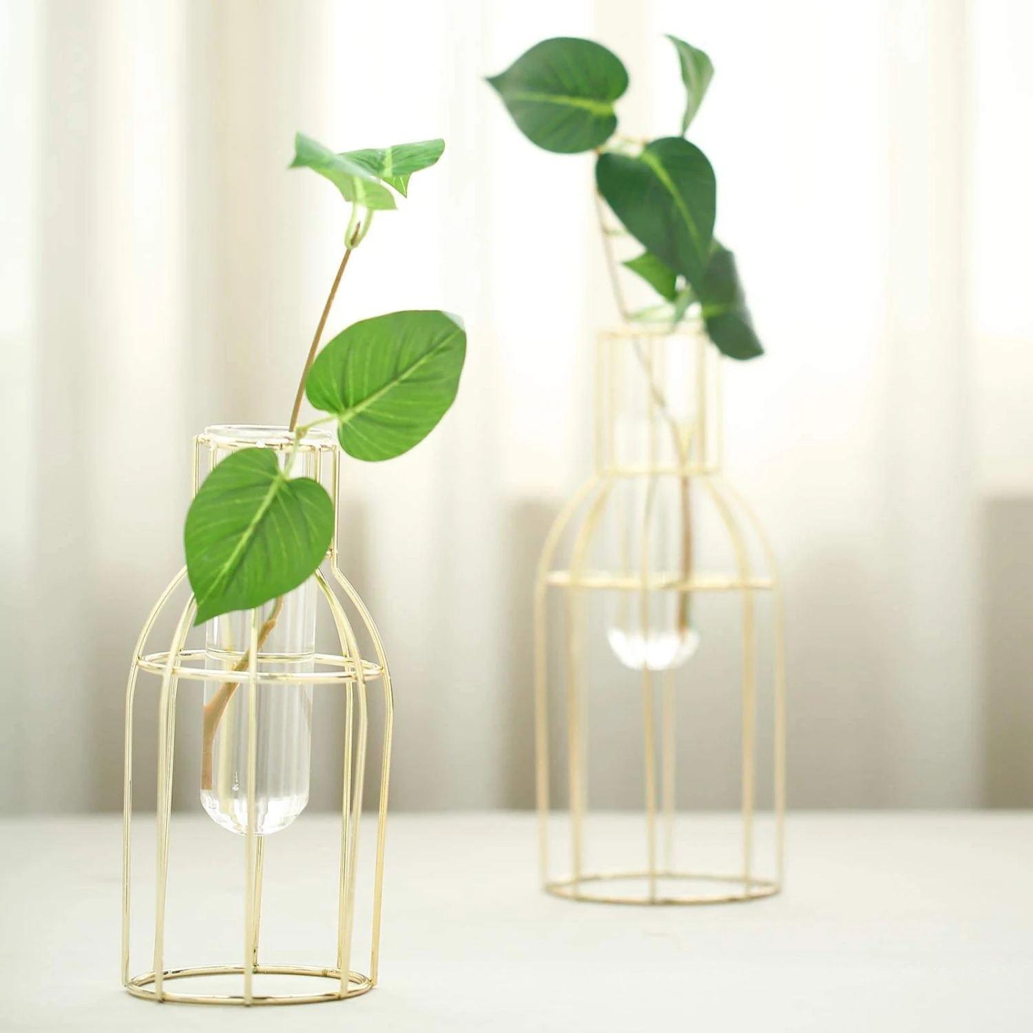 Set Of 2 | Bottle Shaped Gold Metal Frame Test Tube Bud Vases, Geometric Glass Table Centerpieces - 8",10" 5 Set Of 2 | Bottle Shaped Gold Metal Frame Test Tube Bud Vases, Geometric Glass Table Centerpieces - 8",10" - Image 5