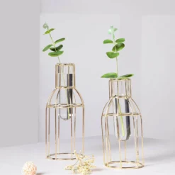 Set Of 2 | Bottle Shaped Gold Metal Frame Test Tube Bud Vases, Geometric Glass Table Centerpieces - 8",10" 21 Set Of 2 | Bottle Shaped Gold Metal Frame Test Tube Bud Vases, Geometric Glass Table Centerpieces - 8",10" -Home Decor Promotional Store IRON VASE 008 GOLD 01
