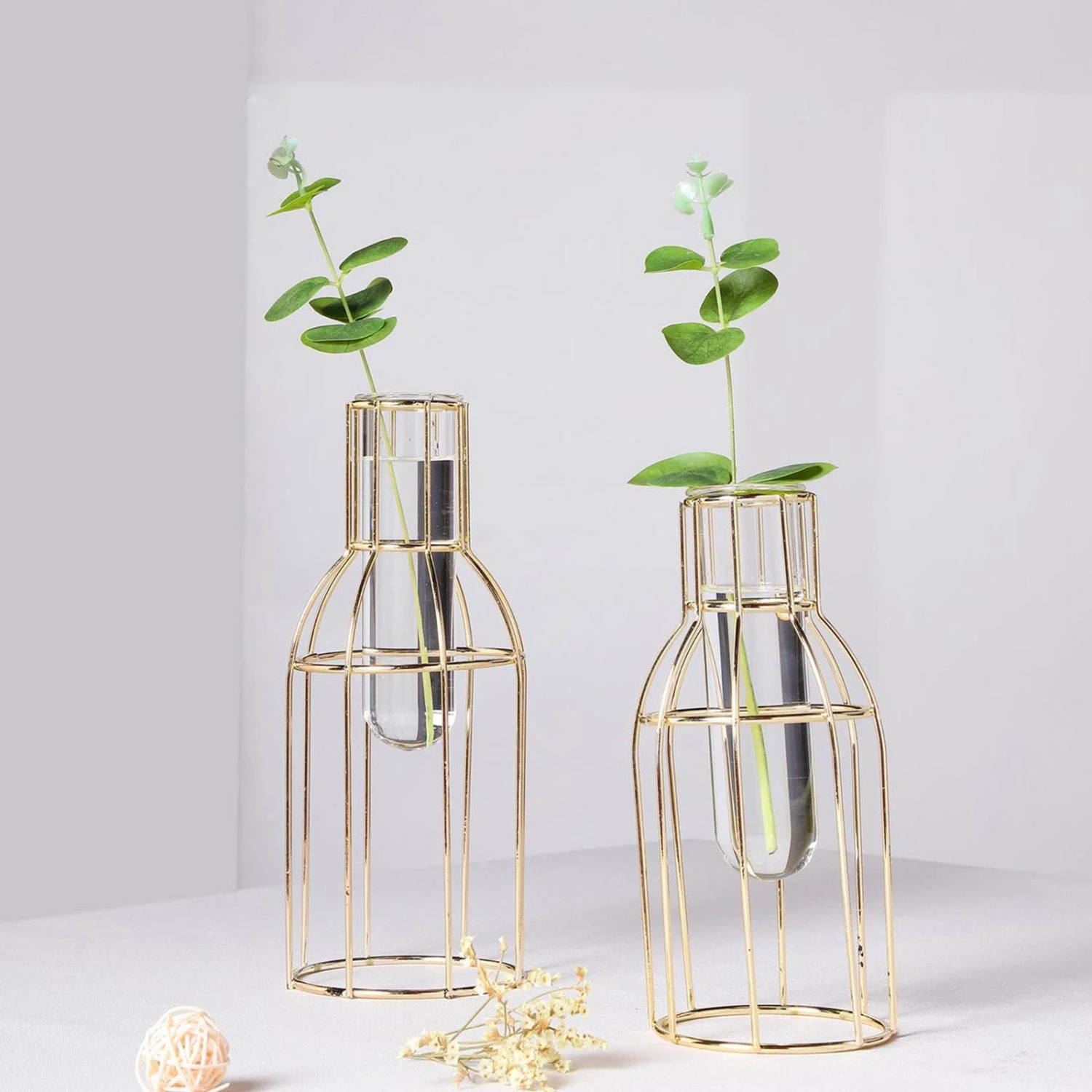 Set Of 2 | Bottle Shaped Gold Metal Frame Test Tube Bud Vases, Geometric Glass Table Centerpieces - 8",10" 10 Set Of 2 | Bottle Shaped Gold Metal Frame Test Tube Bud Vases, Geometric Glass Table Centerpieces - 8",10" - Image 10