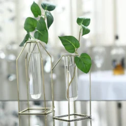 Set Of 2 | Rectangular Gold Metal Frame Test Tube Bud Vases, Geometric Table Centerpieces - 8",9" -Home Decor Promotional Store IRON VASE 009 GOLD D08