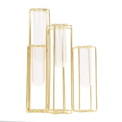 Set Of 5 Conjoined Gold Frame Test Tube Hydroponic Vases, Geometric Table Centerpieces 12" -Home Decor Promotional Store IRON VASE 011 12 GOLD D02