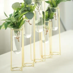 Set Of 5 Conjoined Gold Frame Test Tube Hydroponic Vases, Geometric Table Centerpieces 12" -Home Decor Promotional Store IRON VASE 011 12 GOLD D05