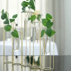 Set Of 5 Conjoined Gold Frame Test Tube Hydroponic Vases, Geometric Table Centerpieces 12" -Home Decor Promotional Store IRON VASE 011 12 GOLD D09