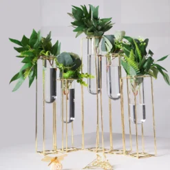 Set Of 5 Conjoined Gold Frame Test Tube Hydroponic Vases, Geometric Table Centerpieces 12"