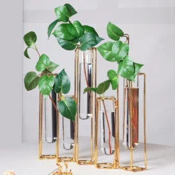 Set Of 5 Conjoined Frame Test Tube Hydroponic Vases, Geometric Table Centerpieces 15" -Home Decor Promotional Store IRON VASE 011 15 GOLD 01