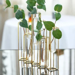 Set Of 5 Conjoined Frame Test Tube Hydroponic Vases, Geometric Table Centerpieces 15" -Home Decor Promotional Store IRON VASE 011 15 GOLD 02