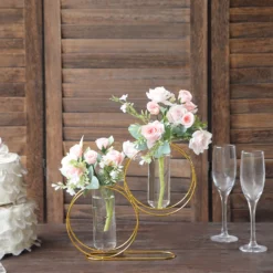 2 Pack Gold Metal Geometric Test Tube Flower Vase, Nordic Style Double Ring Glass Floating Vase Centerpiece 10" -Home Decor Promotional Store IRON VASE 012 10 GOLD D06