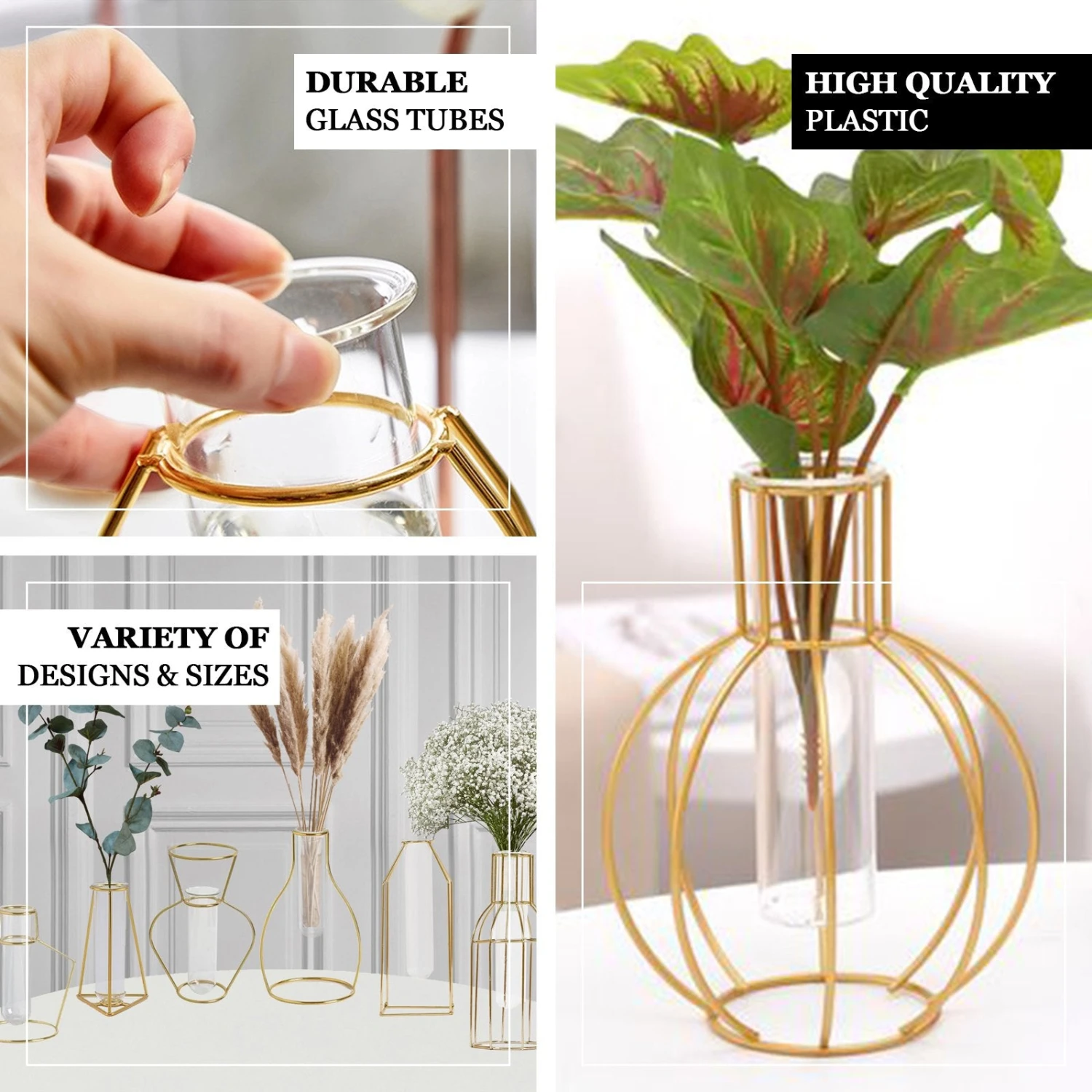 Set Of 2 | Bottle Shaped Gold Metal Frame Test Tube Bud Vases, Geometric Glass Table Centerpieces - 8",10" 2 Set Of 2 | Bottle Shaped Gold Metal Frame Test Tube Bud Vases, Geometric Glass Table Centerpieces - 8",10" - Image 2