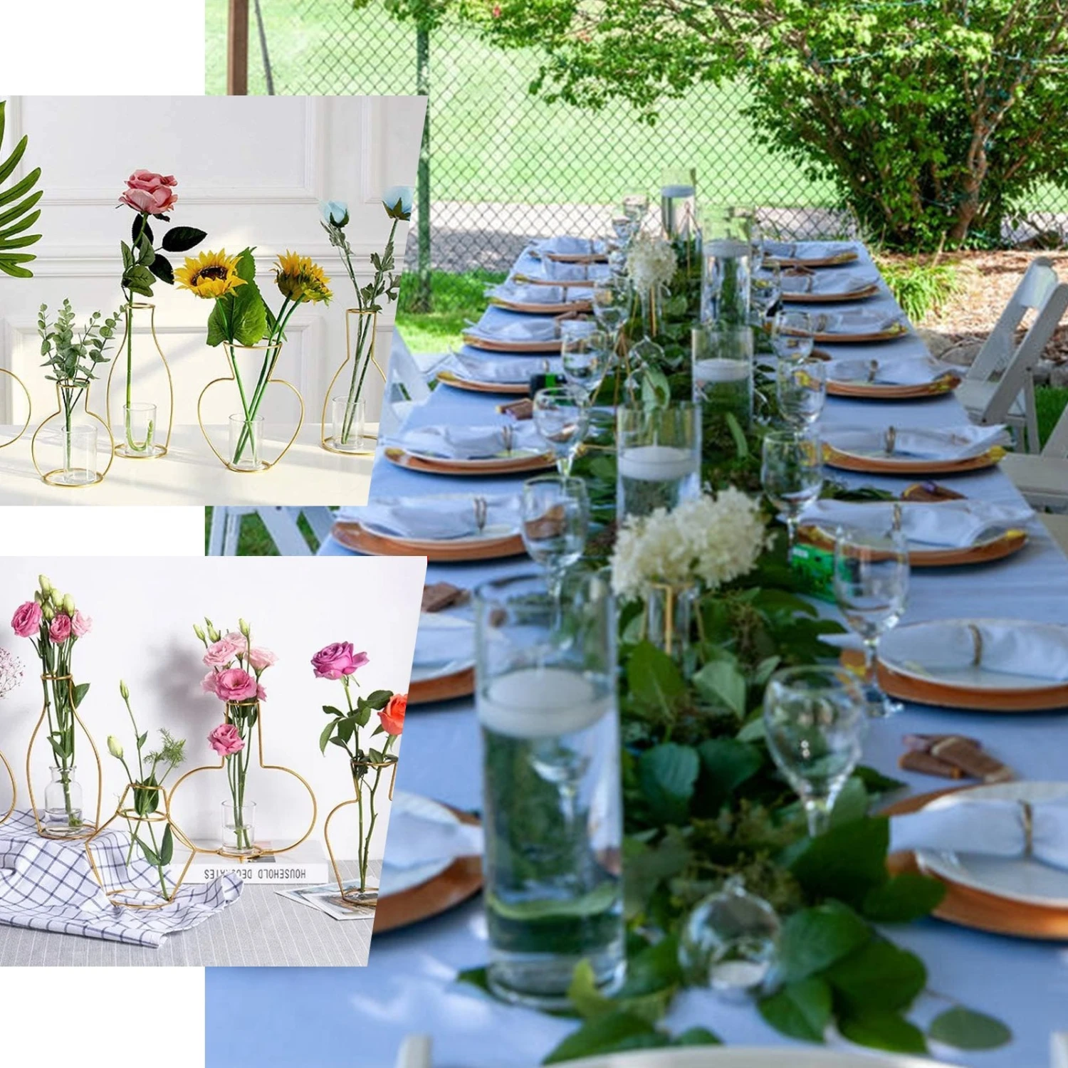 Set Of 2 | Bottle Shaped Gold Metal Frame Test Tube Bud Vases, Geometric Glass Table Centerpieces - 8",10" 3 Set Of 2 | Bottle Shaped Gold Metal Frame Test Tube Bud Vases, Geometric Glass Table Centerpieces - 8",10" - Image 3