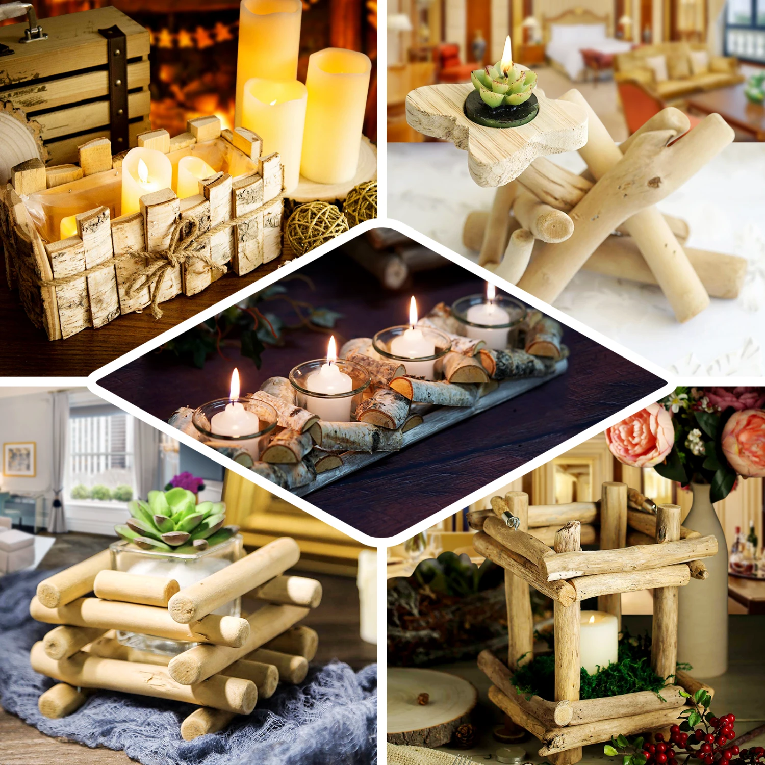 Natural Rectangle Driftwood Wooden Flower Vase With Glass Tubes, Cylinder Glass Hydroponic Vase 7" Tall 5" 2 Natural Rectangle Driftwood Wooden Flower Vase With Glass Tubes, Cylinder Glass Hydroponic Vase 7" Tall 5" - Image 2