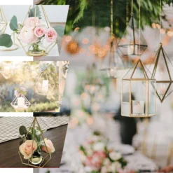 Geometric Candle Holder Set - Linked Metal Geometric Centerpieces With Votive Glass Holders 16" -Home Decor Promotional Store Jv242yfw