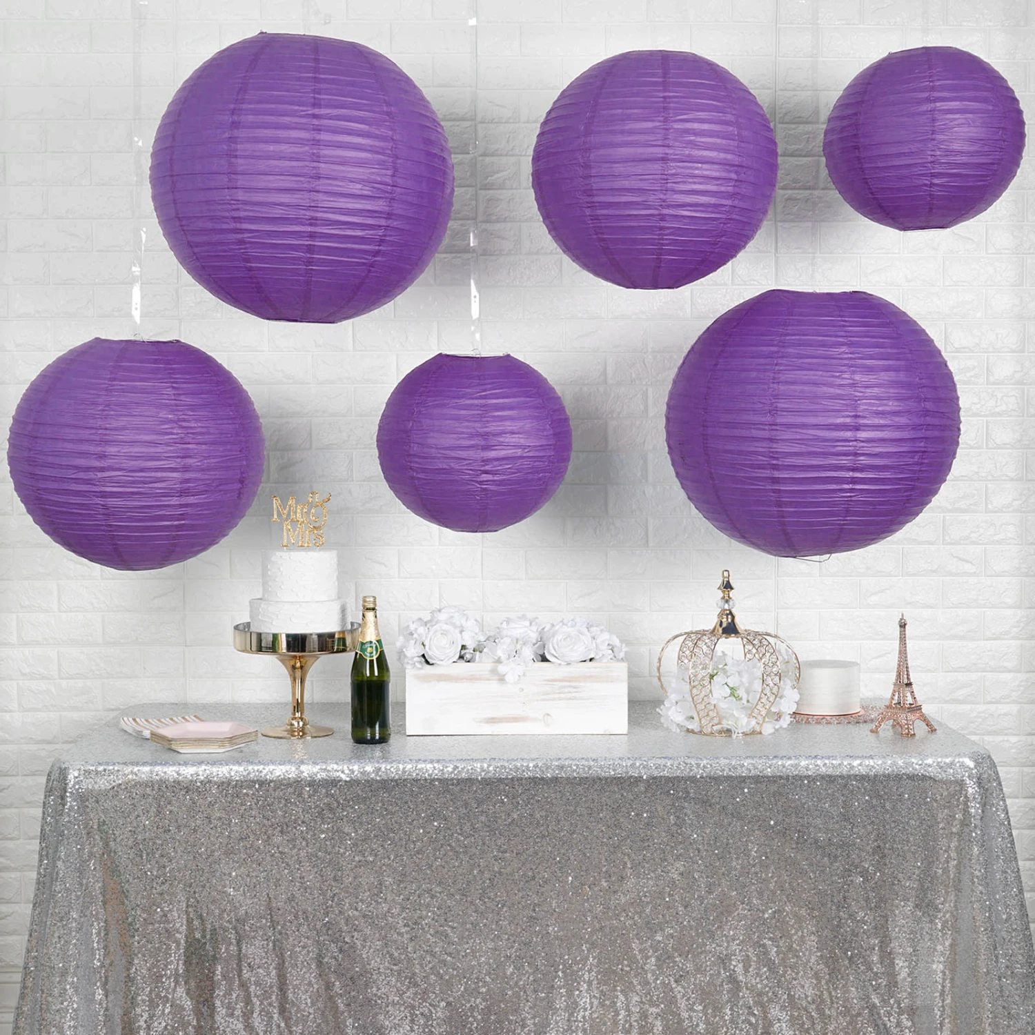 Set Of 6 - Hanging Paper Lanterns, Round Assorted Size - 16", 20", 24" 1 Set Of 6 - Hanging Paper Lanterns, Round Assorted Size - 16", 20", 24"