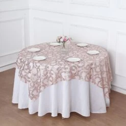 72"x72" Sequin Leaf Embroidered Seamless Tulle Table Overlay, Square Sheer Table Topper -Home Decor Promotional Store LAY72 02 FLOR 054 02