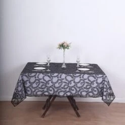 72"x72" Sequin Leaf Embroidered Seamless Tulle Table Overlay, Square Sheer Table Topper -Home Decor Promotional Store LAY72 02 FLOR BLK D01