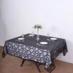 72"x72" Sequin Leaf Embroidered Seamless Tulle Table Overlay, Square Sheer Table Topper -Home Decor Promotional Store LAY72 02 FLOR BLK D02