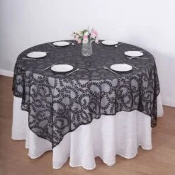 72"x72" Sequin Leaf Embroidered Seamless Tulle Table Overlay, Square Sheer Table Topper -Home Decor Promotional Store LAY72 02 FLOR BLK 02