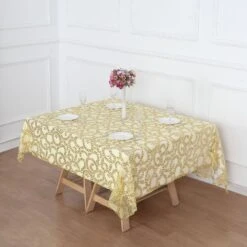 72"x72" Sequin Leaf Embroidered Seamless Tulle Table Overlay, Square Sheer Table Topper -Home Decor Promotional Store LAY72 02 FLOR GOLD D01