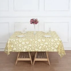 72"x72" Sequin Leaf Embroidered Seamless Tulle Table Overlay, Square Sheer Table Topper -Home Decor Promotional Store LAY72 02 FLOR GOLD D02