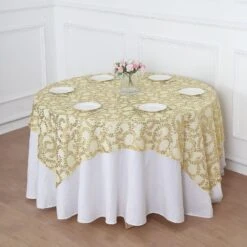 72"x72" Sequin Leaf Embroidered Seamless Tulle Table Overlay, Square Sheer Table Topper -Home Decor Promotional Store LAY72 02 FLOR GOLD 02