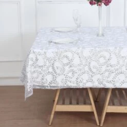 72"x72" Sequin Leaf Embroidered Seamless Tulle Table Overlay, Square Sheer Table Topper -Home Decor Promotional Store LAY72 02 FLOR SILV D03