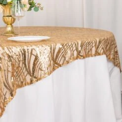 Wave Mesh Square Table Overlay With Embroidered Sequins 72"x72" -Home Decor Promotional Store LAY72 02 WAVE GOLD D01