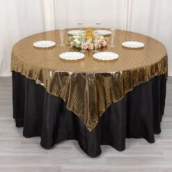 Shiny Black Gold Foil Polyester Table Overlay Disco Mirror Ball Theme, Linen Table Topper - 72"x72"