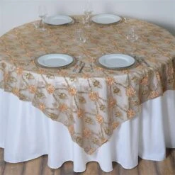 72"x72" Satin Sequin Floral Embroidered Lace Table Overlay -Home Decor Promotional Store LAY72 26 GOLD 01