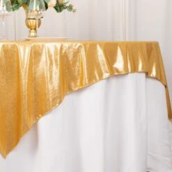 72"x72" Shimmer Sequin Dots Square Polyester Table Overlay, Wrinkle Free Sparkle Glitter Table Topper -Home Decor Promotional Store LAY72 SHIM GOLD D02