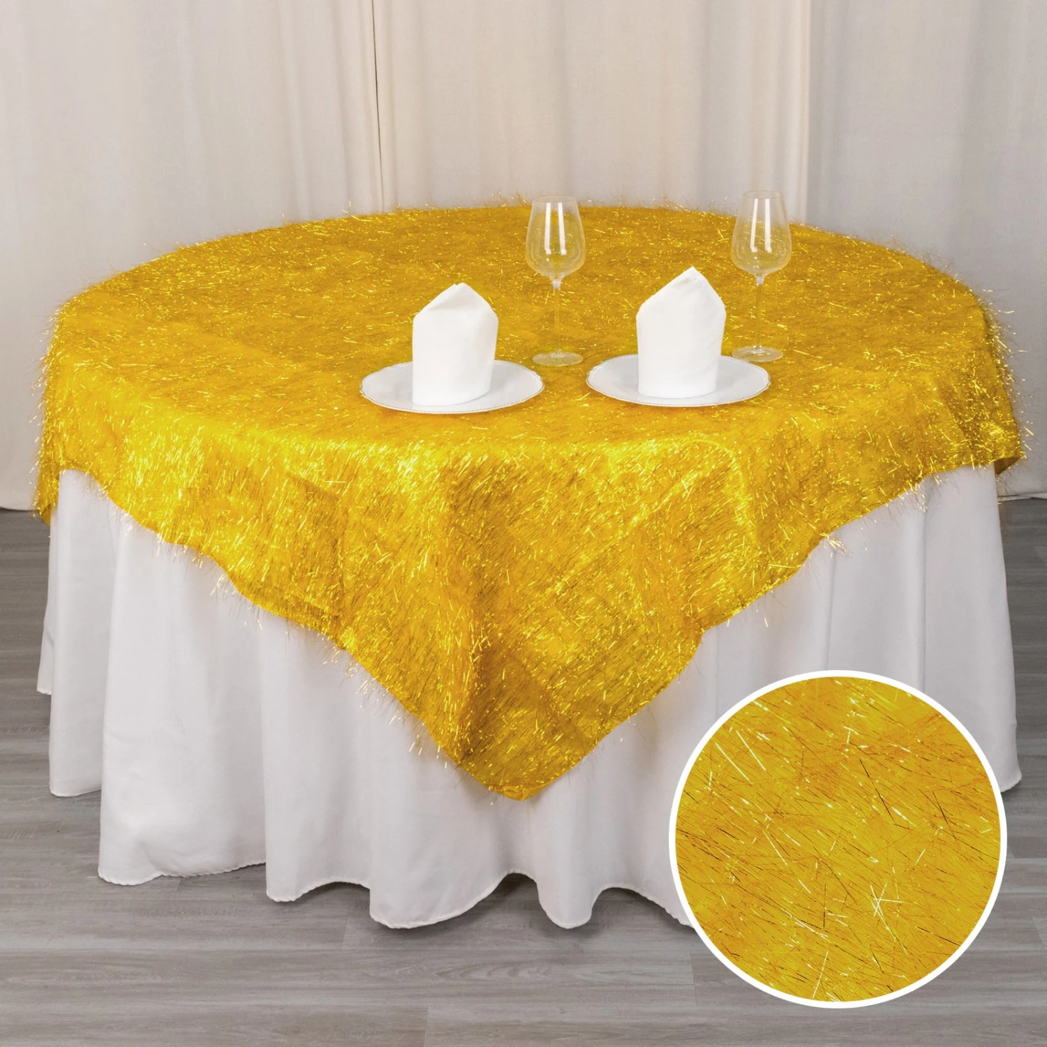 72" Metallic Fringe Shag Tinsel Square Polyester Table Overlay 8 72" Metallic Fringe Shag Tinsel Square Polyester Table Overlay - Image 8