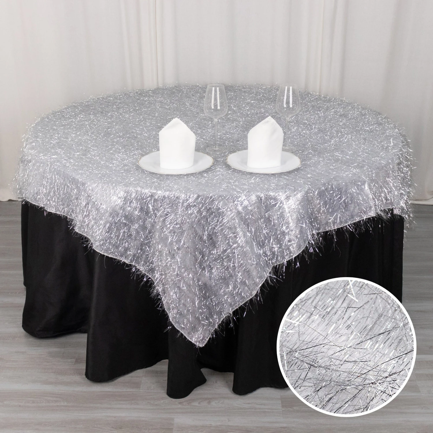 72" Metallic Fringe Shag Tinsel Square Polyester Table Overlay 12 72" Metallic Fringe Shag Tinsel Square Polyester Table Overlay - Image 12