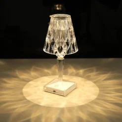 Warm White Crystal Diamond Acrylic LED Desk Lamp, USB Rechargeable Night Light, Decorative Light, Touch Operated - 10" Tall