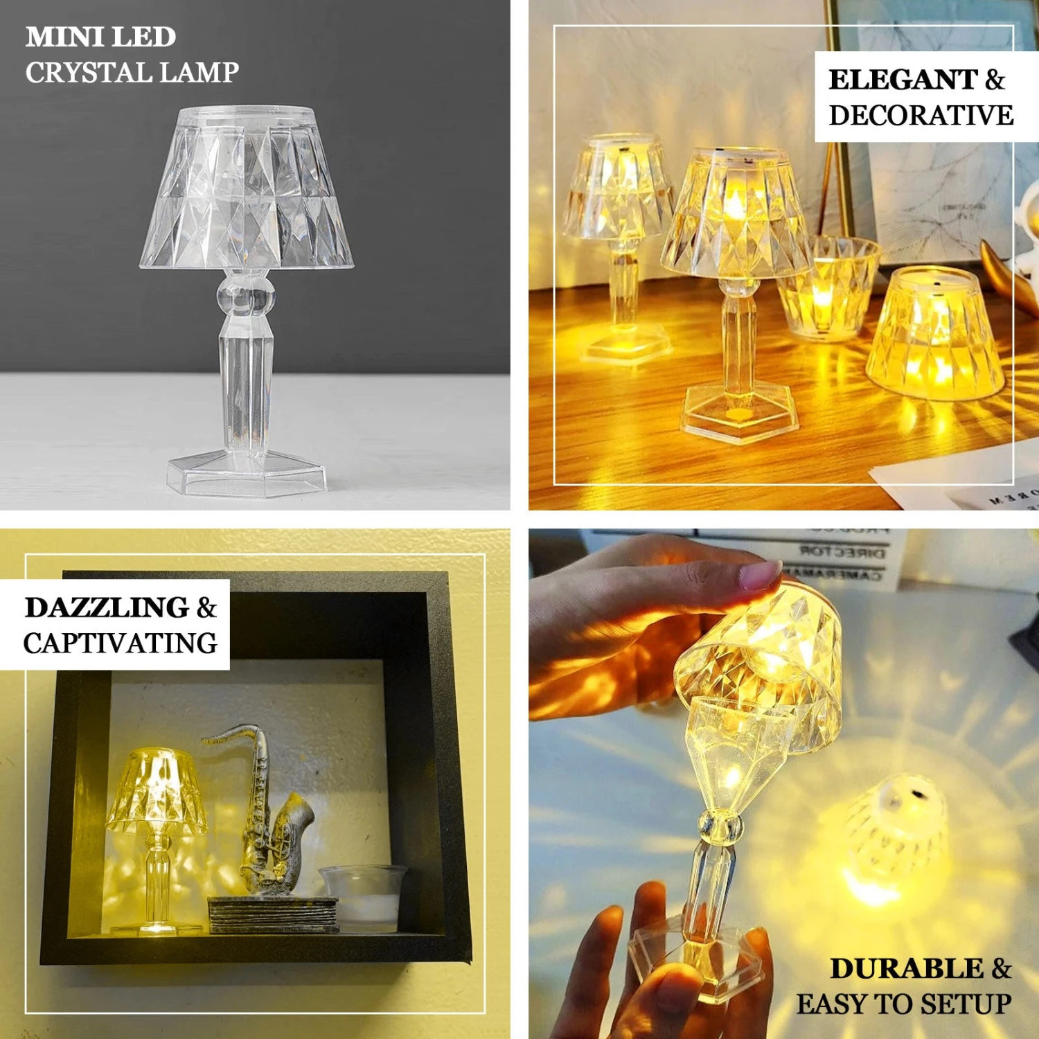 6 Pack Warm White Clear Crystal Mini Acrylic LED Desk Lamps, Decorative Accent Night Lights 4.5" 2 6 Pack Warm White Clear Crystal Mini Acrylic LED Desk Lamps, Decorative Accent Night Lights 4.5" - Image 2