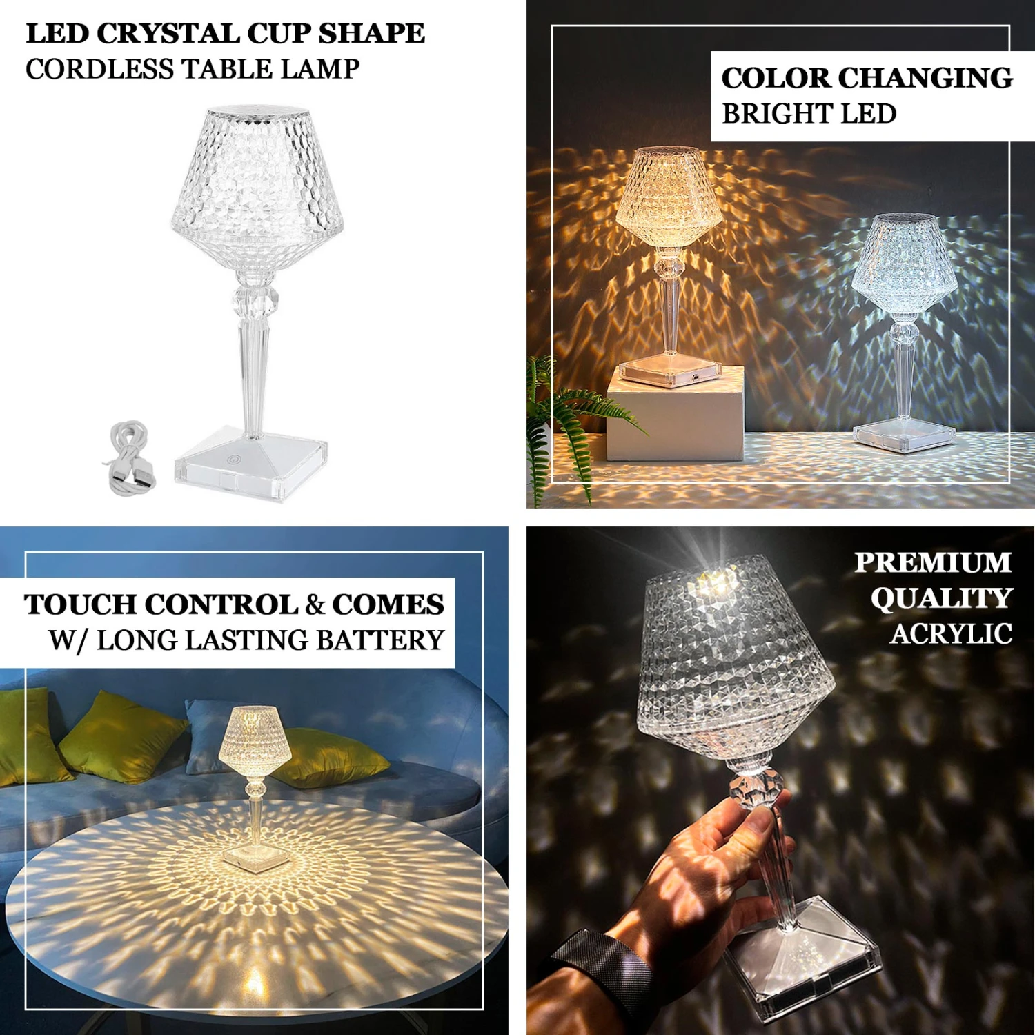 10" LED Acrylic Crystal Cup Shape Color Changing Cordless Table Lamp, Rechargeable Touch Control Accent Lamp 2 10" LED Acrylic Crystal Cup Shape Color Changing Cordless Table Lamp, Rechargeable Touch Control Accent Lamp - Image 2