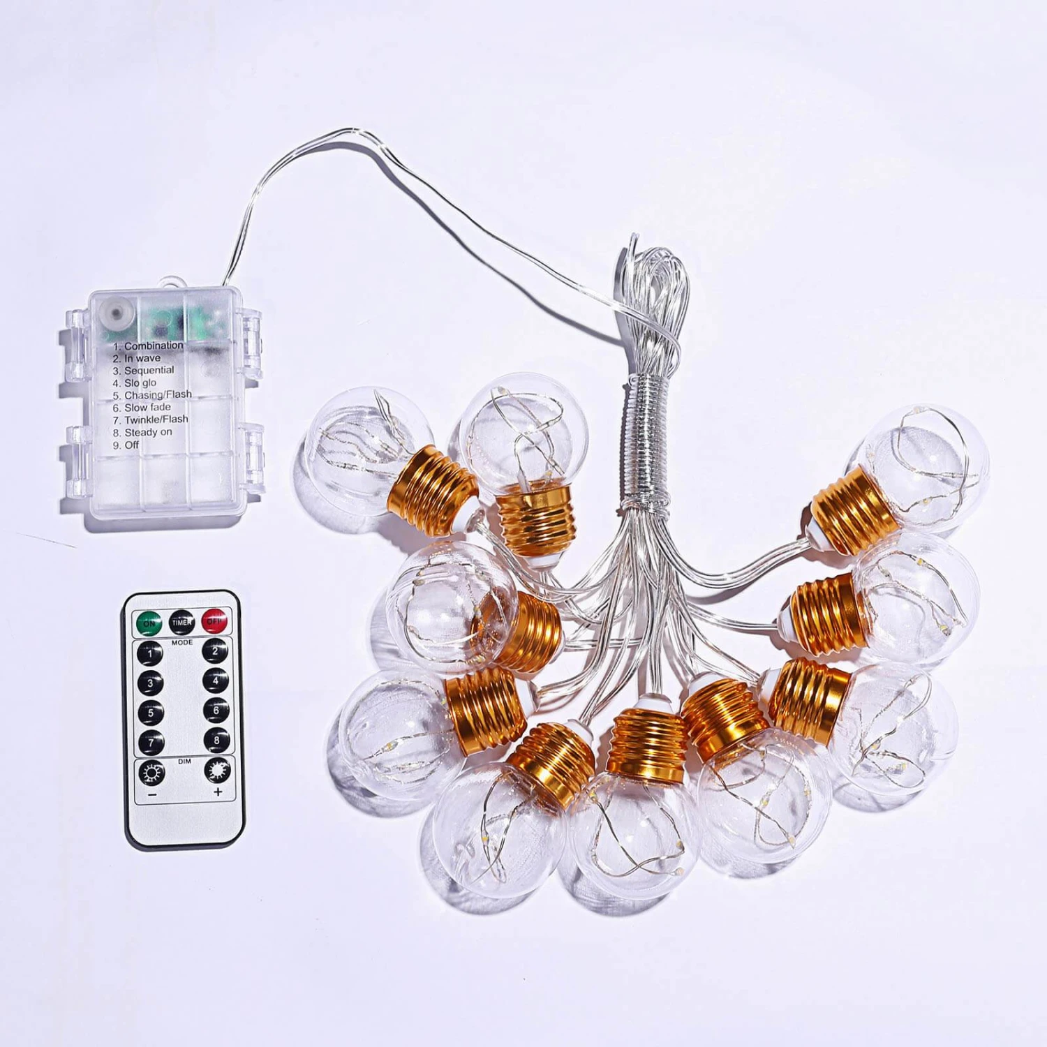 13ft Warm White Indoor 8-Mode Dimmable Fairy Light Bulb String Lights, Remote Operated LEDs With 10 Gold Base Clear Bulbs 4 13ft Warm White Indoor 8-Mode Dimmable Fairy Light Bulb String Lights, Remote Operated LEDs With 10 Gold Base Clear Bulbs - Image 4